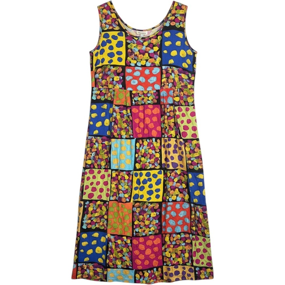Jams World Womens Small Patchwork Polka Dot Rayon Sleeveless Midi Dress Pockets